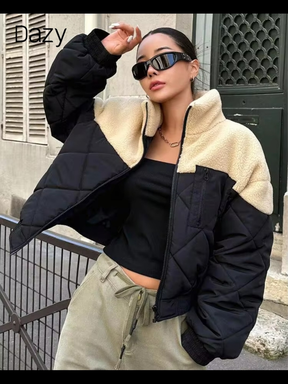 Two-Tone Sherpa Quilted Jacket in Cream and Black